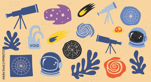 Space exploration elements collection with telescopes and astronaut helmets