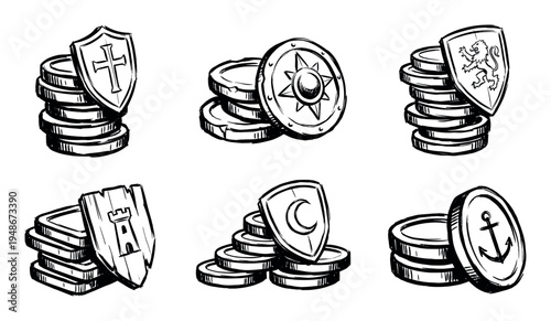 Hand-drawn stacks of coins with various symbolic shields featuring a cross, sun, lion, castle, crescent moon, and anchor.