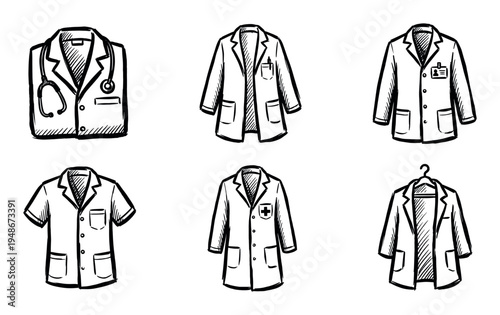 Collection of hand-drawn medical coats and scrubs, including doctor's lab coats with stethoscopes and short-sleeved uniforms, in a doodle style.