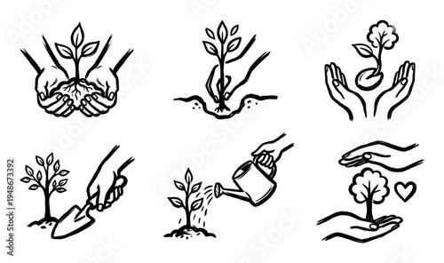 Hand-drawn illustrations depict various stages of planting and nurturing a small tree, symbolizing growth and environmental care.