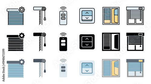 Set of window blinds and shades icons, illustrating various types, remote controls, and open or closed positions in different color styles.