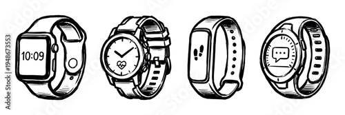 Collection of hand-drawn smartwatches and fitness trackers illustrates modern wearable technology with different functionalities.