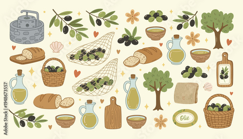 Hand drawn olive oil production set with organic ingredients and rustic kitchen tools