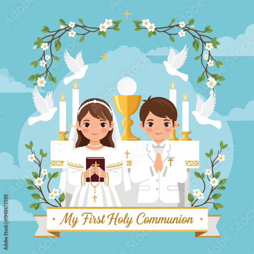 Illustration of a boy and girl celebrating a holy communion event