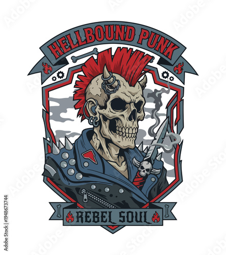A fierce punk skull character adorned with a vibrant red mohawk and sharp horns wearing a studded leather jacket and holding a menacing knife depicted  rebellion and a rebellious spirit T-shirt Design