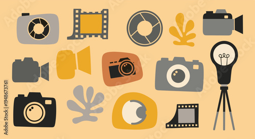 Photography and film production icons set with camera and film strip elements