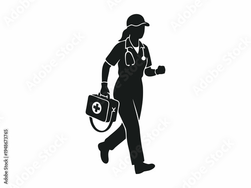 Female Medical Worker Silhouette Walking with First Aid Kit and Stethoscope