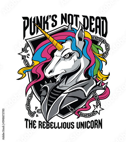 Aggressive fantasy unicorn with multicolored mane and golden horn dressed in punk rock attire with chains and shield against a white background conveying  T-shirt Design