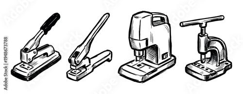 Collection of hand-drawn illustrations showcases various types of manual hole punch tools for office and craft.