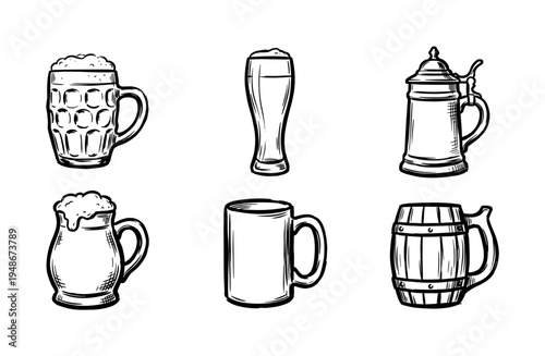 Assortment of hand-drawn illustrations featuring different styles of beer mugs and glasses, ideal for beverage and pub-themed designs.