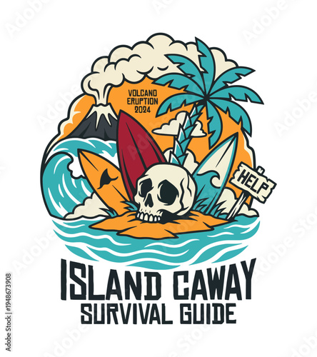 Island survival scene featuring a skull surfboards a palm tree and a smoking volcano with a help sign indicating a perilous situation T-shirt Design