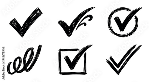 Collection of six hand-drawn black checkmark icons with various styles, perfect for indicating completion or approval.