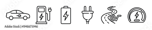 Electric vehicle icons set depicting various aspects of EV technology, charging, and sustainable transportation.