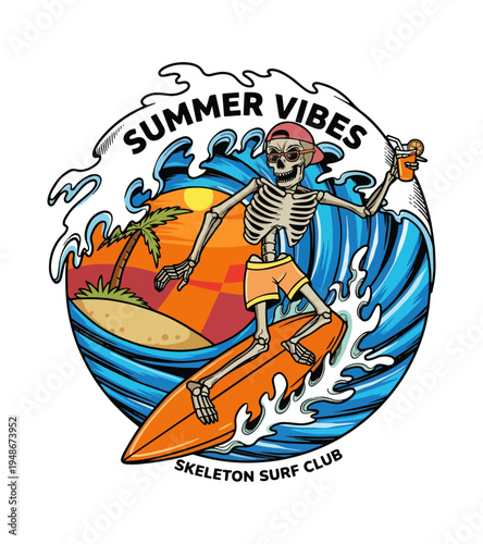 Skeleton character enjoying a tropical beach vacation surfing a large ocean wave with a refreshing drink in hand and the words summer vibes emblazoned above T-shirt Design