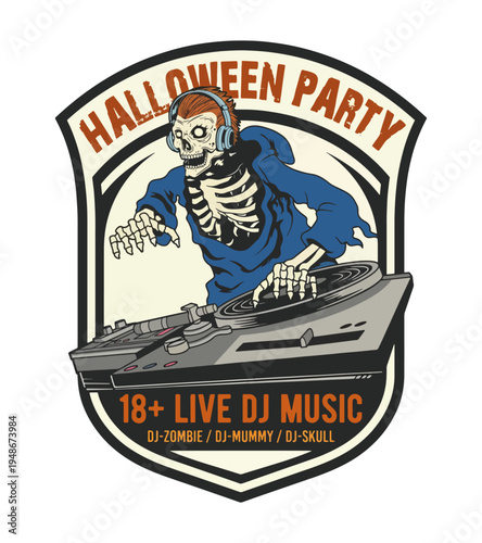 Spooky skeleton DJ wearing headphones spins records on a turntable for a Halloween party with live DJ music advertisement featuring text 18 plus live DJ music  T-shirt Design