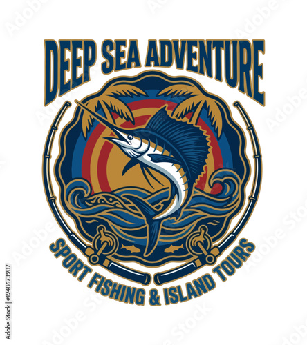 Stylized graphic illustration depicting a majestic marlin leaping from the ocean waves surrounded by palm trees and fishing rods promoting deep sea sport fishing and design T-shirt Design