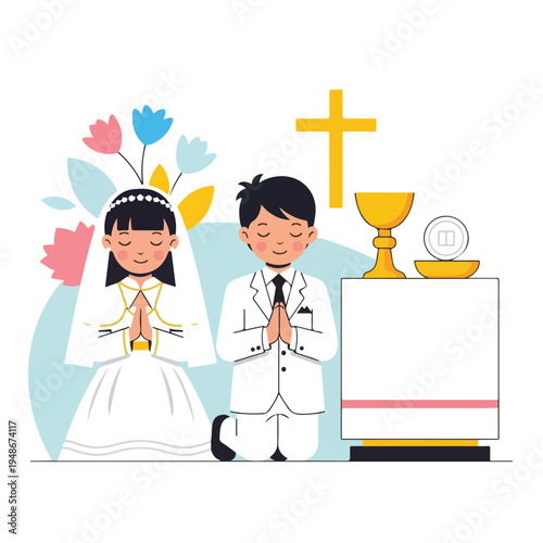 Cuadro en lienzo Illustration of a boy and girl praying with religious objects