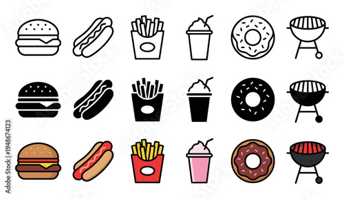 Comprehensive set of fast food icons featuring hamburgers, hot dogs, french fries, milkshakes, donuts, and barbecue grills in various styles.