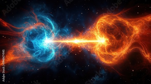 blue and orange plasma spheres colliding with a bright central energy beam in starry cosmic space, intense dramatic confrontation