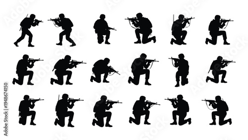 Collection of black silhouette soldiers in various combat poses with rifles