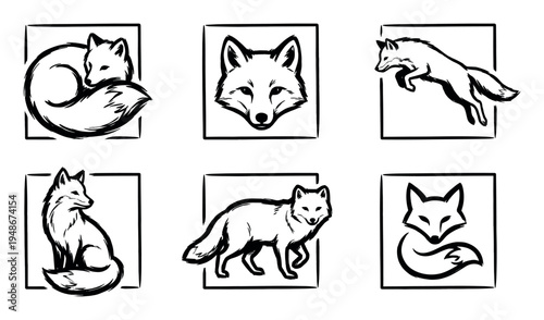 Collection of six stylized black and white fox illustrations depicting various poses and expressions within square frames.