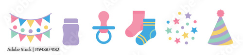 Adorable pastel-colored icons representing baby shower celebration items and newborn accessories like a pacifier, socks, and bunting.