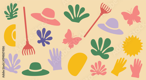 Summer Gardening Elements Set with Colorful Botanical Shapes and Tools