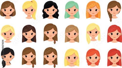 Cute girls avatar set with different hairstyles, cartoon female characters with blonde brown red and black hair, kids style portrait vector collection