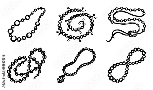 Assortment of hand-drawn beaded necklaces and chains, showcasing various abstract shapes and jewelry designs.