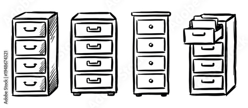 Hand-drawn sketch illustration of various office file cabinets with multiple drawers, including one with an open drawer.