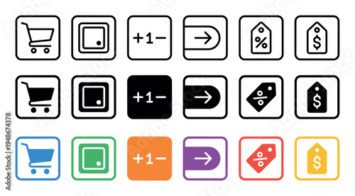 Collection of diverse e-commerce and user interface icons featuring shopping carts, quantity selectors, navigation arrows, and price tags.
