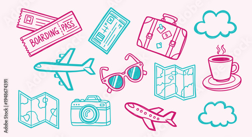 Travel and vacation doodle icon set for holiday planning