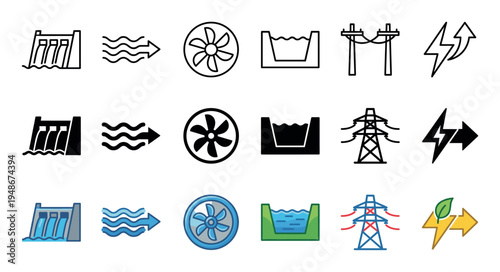 Hydroelectric power generation process illustrated with a sequence of icons showing a dam, water flow, turbine, reservoir, and electricity transmission.