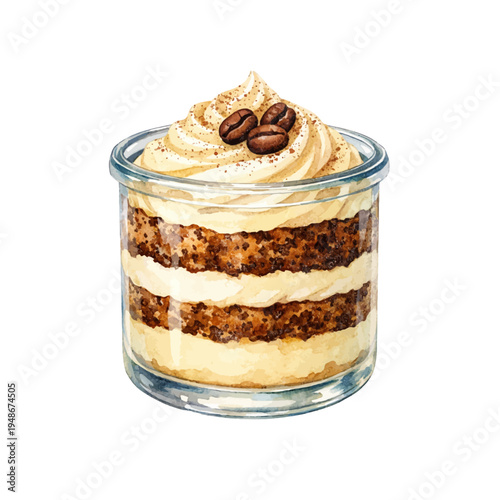 A watercolor vector of a tiramisu layered dessert in a glass jar for bakery menu designs, coffee dessert illustrations, and sweet food clipart.