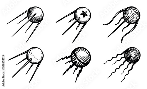 Collection of hand-drawn vintage Sputnik satellite illustrations depicting various designs and textures, symbolizing early space exploration and technological advancement.