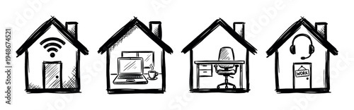 Set of hand-drawn house icons illustrating various aspects of remote work and home office environments, symbolizing modern flexible employment and digital connectivity.