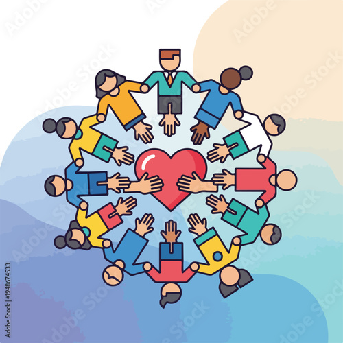 Group of people holding hands around a red heart symbol of love