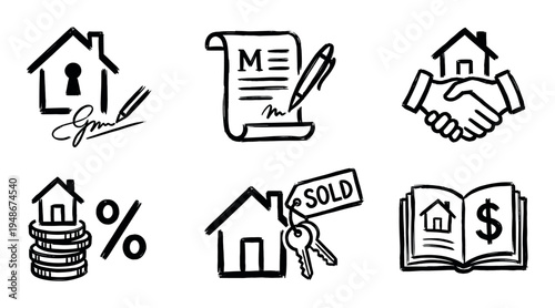 Hand-drawn collection of real estate icons depicting various aspects of property transactions, including buying, selling, contracts, and financial agreements.