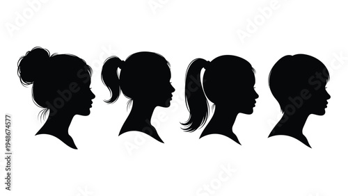 Silhouette profiles of four women with different hairstyles and hair lengths in black color on white background