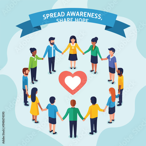 Group of people holding hands around a heart. Ribbon with words