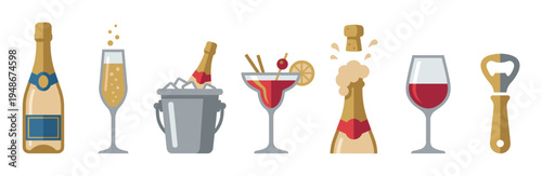 Collection of festive alcoholic beverages and bar tools, including champagne, cocktails, and wine, depicted in a flat design style.