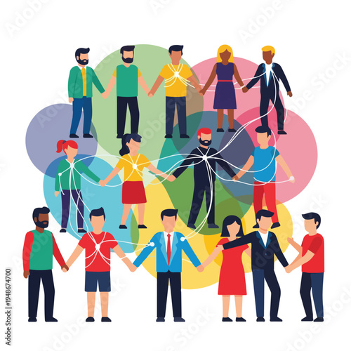 Group of people holding hands, connected by white lines