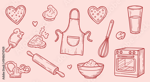 Hand drawn baking and cooking elements collection on pink background