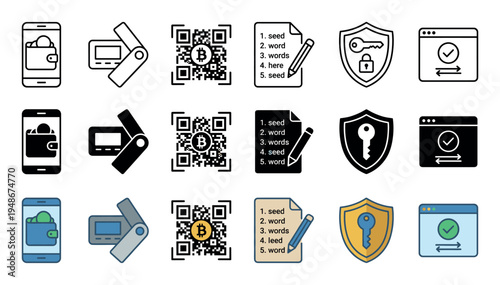 Collection of cryptocurrency and digital security icons in outline, solid, and color styles, featuring wallets, QR codes, and seed phrases.