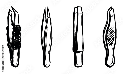 Collection of four distinct hand-drawn tweezers, showcasing various designs for beauty and grooming tasks, rendered in a bold sketch style.