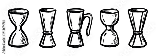 Hand-drawn sketch illustration of various jigger measuring cups, essential tools for bartending and cocktail preparation.