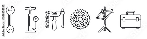 Comprehensive set of bicycle repair tools and components, including a wrench, pump, chain breaker, cassette, repair stand, and toolbox, depicted as line art icons.