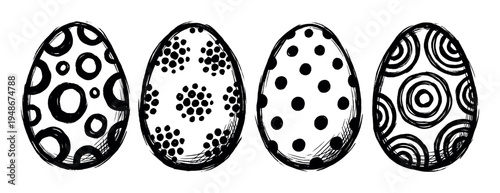 Four hand-drawn Easter eggs, each decorated with unique black and white patterns, are lined up horizontally.