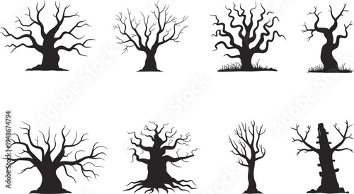 Set of spooky dead tree silhouettes, creepy halloween forest trees, dry branches, scary nature illustration isolated, dark horror woodland design