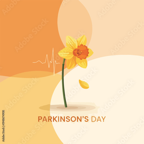 Illustration of a daffodil, with heartbeat line, and Parkinson's Day text